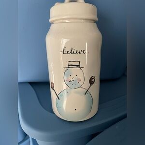 PLEASE READ Believe Snowman Ceramic Jar - White and Light Blue Holiday Decor